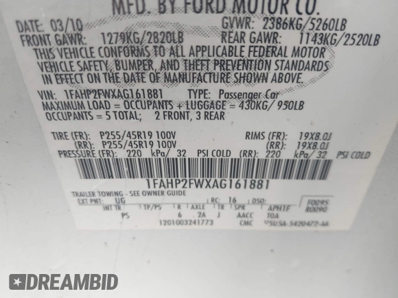 2010 Ford Taurus Limited with VIN 1FAHP2FWXAG161881, listed as a IAAI auction lot 42381282 with 124,605 mi miles and . Bid and sale history available at DreamBid. Image 9.