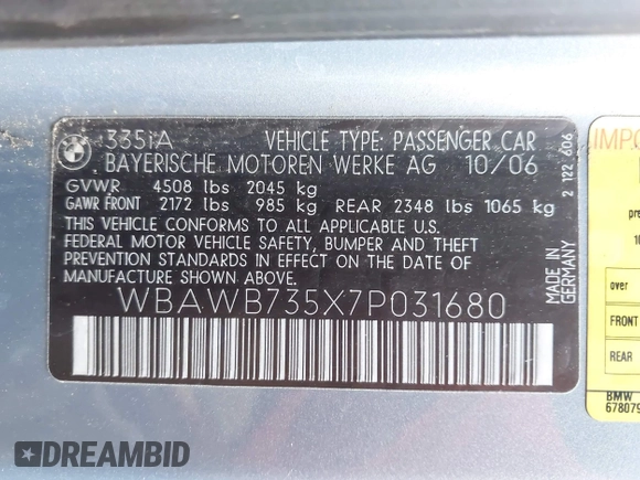 2007 BMW 3 Series 335i with VIN WBAWB735X7P031680, listed as a IAAI auction lot 42852765 with 137,539 mi miles and . Bid and sale history available at DreamBid. Image 9.