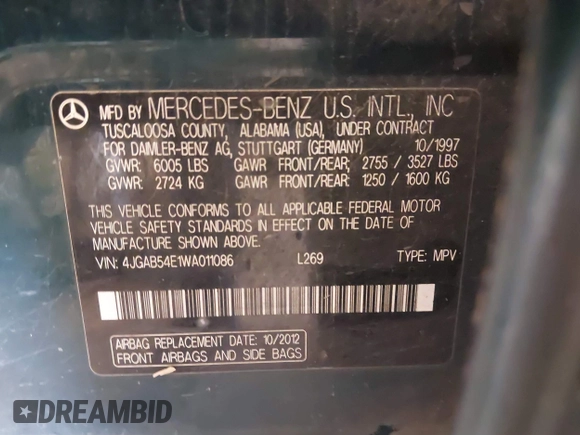 1998 Mercedes-Benz M-Class with VIN 4JGAB54E1WA011086, listed as a IAAI auction lot 41534717 with 186,273 mi miles. Bid and sale history available at carsss.com. Image 9.
