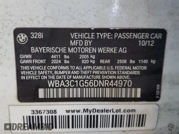 2013 BMW 3 Series 328i with VIN WBA3C1G56DNR44970, listed as a Copart auction lot 62781465 with 96,935 mi miles and Salvage title. Bid and sale history available at DreamBid. Image 12.