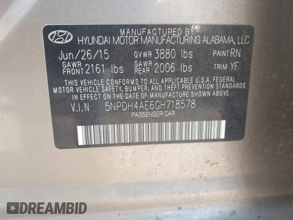 2016 Hyundai Elantra SE with VIN 5NPDH4AE6GH718578, listed as a IAAI auction lot 42680861 with 103,186 mi miles and . Bid and sale history available at DreamBid. Image 9.