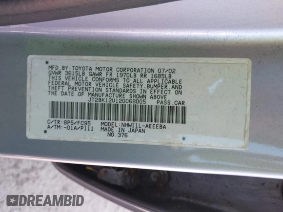 2002 Toyota Prius with VIN JT2BK12U120068005, listed as a IAAI auction lot 41937378 with 160,494 mi miles and . Bid and sale history available at DreamBid. Image 9.