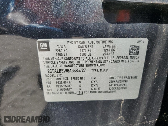 2010 GMC Terrain SLE-1 with VIN 2CTALBEW6A6385727, listed as a Copart auction lot 54615535 with 254,774 mi miles and Clean Title. Bid and sale history available at carsss.com. Image 13.