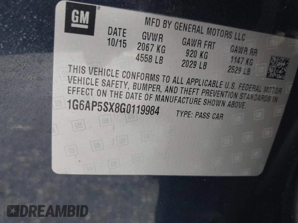 2016 Cadillac CTS RWD with VIN 1G6AP5SX8G0119984, listed as a IAAI auction lot 42098257 with 98,593 mi miles and . Bid and sale history available at DreamBid. Image 9.