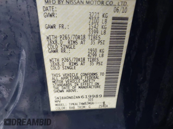 2010 Nissan Armada Titanium z VIN 5N1BA0ND2AN619989, wystawiony jako IAAI lot #41516441 z przebiegiem 161 744 mil mil oraz . Historia ofert i sprzedaży dostępna na DreamBid. Obrazek 9.