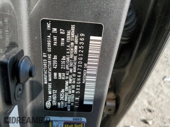 2013 Kia Optima EX with VIN 5XXGN4A73DG125369, listed as a Copart auction lot 61733965 with 212,952 mi miles and Clean title. Bid and sale history available at DreamBid. Image 12.