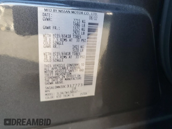 2013 Infiniti JX35 with VIN 5N1AL0MN3DC317773, listed as a Copart auction lot 75810624 with 132,718 mi miles and Salvage Title. Bid and sale history available at carsss.com. Image 13.