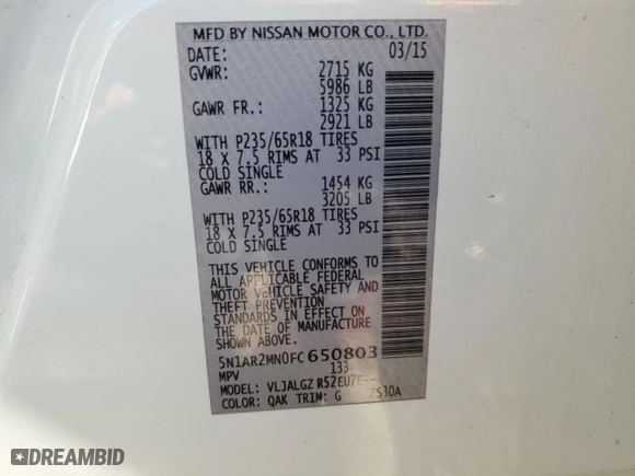 2015 Nissan Pathfinder Platinum with VIN 5N1AR2MN0FC650803, listed as a Copart auction lot 46279635 with 95,399 mi miles and Salvage Title. Bid and sale history available at carsss.com. Image 13.