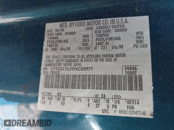 2000 Ford F-150 XL with VIN 1FTRX17L5YNC02971, listed as a IAAI auction lot 42041309 with Not provided miles and . Bid and sale history available at DreamBid. Image 9.