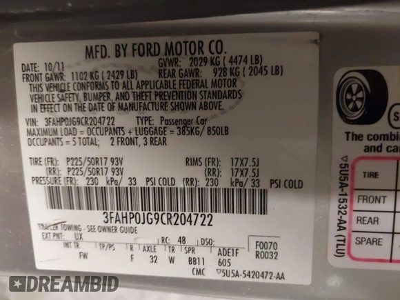 2012 Ford Fusion SEL with VIN 3FAHP0JG9CR204722, listed as a IAAI auction lot 42391881 with 203,574 mi miles and . Bid and sale history available at DreamBid. Image 9.