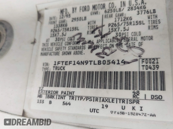 1996 Ford F-150 with VIN 1FTEF14N9TLB05414, listed as a IAAI auction lot 42522051 with 158,519 mi miles and . Bid and sale history available at DreamBid. Image 9.