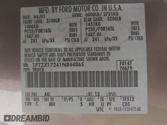 2001 Ford F-150 XL z VIN 1FTZX17241NB44865, wystawiony jako IAAI lot #42033863 z przebiegiem 145 072 mil mil oraz . Historia ofert i sprzedaży dostępna na DreamBid. Obrazek 9.