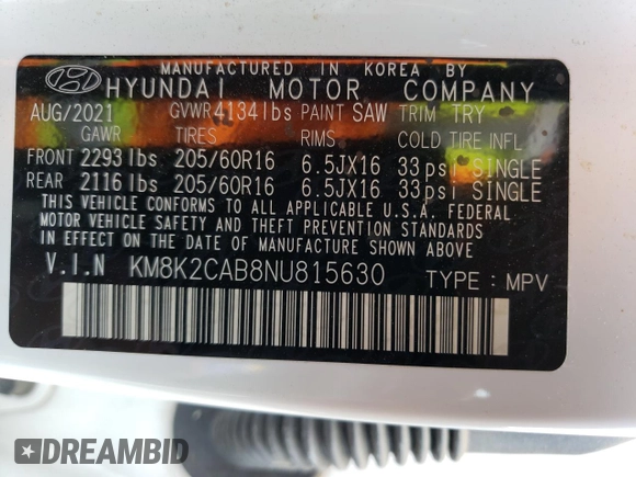 2022 Hyundai Kona SE z VIN KM8K2CAB8NU815630, wystawiony jako Copart lot #53125475 z przebiegiem 47 564 mil mil oraz Szkoda całkowita • Salvage title. Historia ofert i sprzedaży dostępna na DreamBid. Obrazek 12.