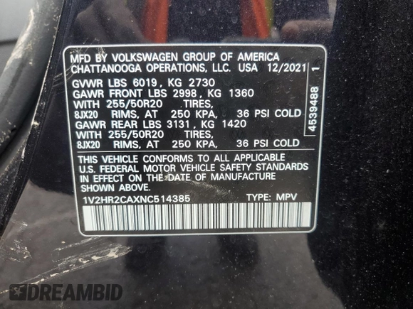 2022 Volkswagen Atlas SE with VIN 1V2HR2CAXNC514385, listed as a Copart auction lot 55742695 with 33,263 mi miles and Salvage title. Bid and sale history available at DreamBid. Image 14.