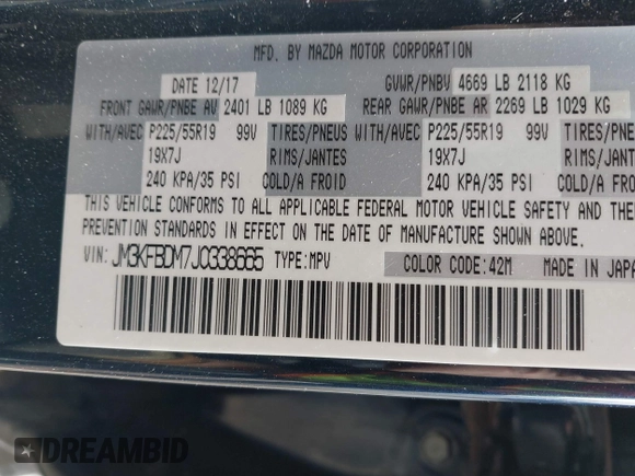 2018 Mazda CX-5 Grand Touring with VIN JM3KFBDM7J0338665, listed as a IAAI auction lot 41546019 with 141,740 mi miles. Bid and sale history available at carsss.com. Image 9.