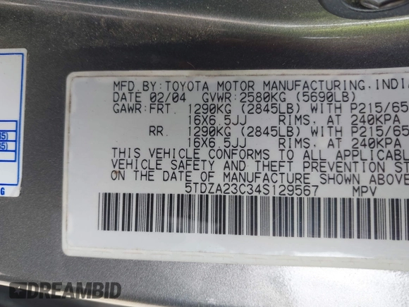 2004 Toyota Sienna CE with VIN 5TDZA23C34S129567, listed as a IAAI auction lot 42186295 with 184,220 mi miles and . Bid and sale history available at DreamBid. Image 9.