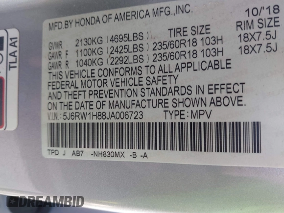 2018 Honda CR-V EX-L with VIN 5J6RW1H88JA006723, listed as a IAAI auction lot 41504157 with 1 mi miles. Bid and sale history available at carsss.com. Image 9.