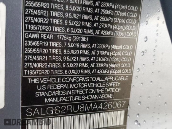 2021 Land Rover Range Rover Westminster z VIN SALGS2RU8MA426067, wystawiony jako Copart lot #57363745 z przebiegiem 36 850 mil mil oraz Szkoda całkowita • Salvage title. Historia ofert i sprzedaży dostępna na DreamBid. Obrazek 13.