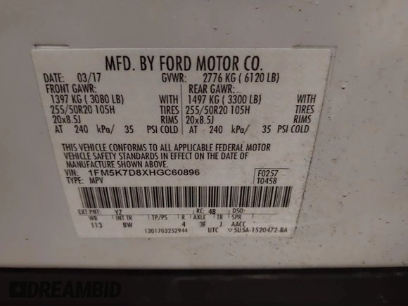 2017 Ford Explorer XLT with VIN 1FM5K7D8XHGC60896, listed as a IAAI auction lot 41409272 with 111,545 mi miles and . Bid and sale history available at carsss.com. Image 9.