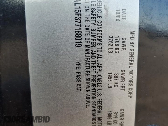 2007 Chevrolet Cobalt LT z VIN 1G1AL15F377188019, wystawiony jako Copart lot #53353905 z przebiegiem Nie podano mil oraz Szkoda całkowita • Salvage title. Historia ofert i sprzedaży dostępna na DreamBid. Obrazek 15.