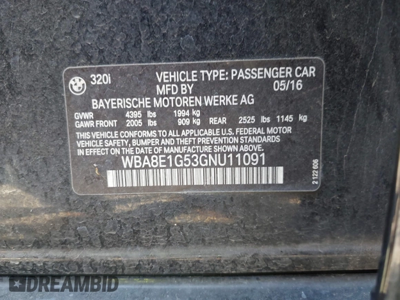2016 BMW 3 Series 320i with VIN WBA8E1G53GNU11091, listed as a IAAI auction lot 42000088 with 112,711 mi miles and . Bid and sale history available at carsss.com. Image 9.