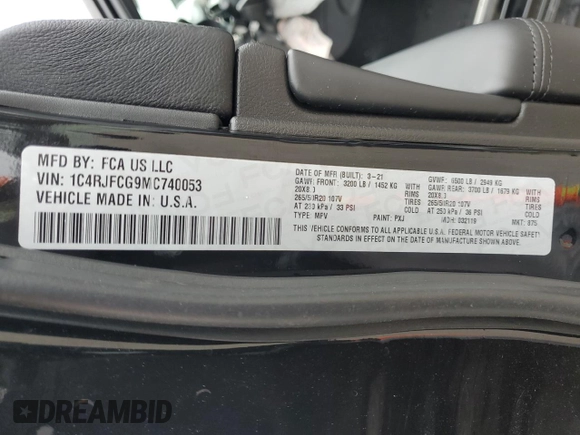 2021 Jeep Grand Cherokee High Altitude with VIN 1C4RJFCG9MC740053, listed as a Copart auction lot 52821035 with 43,212 mi miles and Salvage title. Bid and sale history available at DreamBid. Image 13.