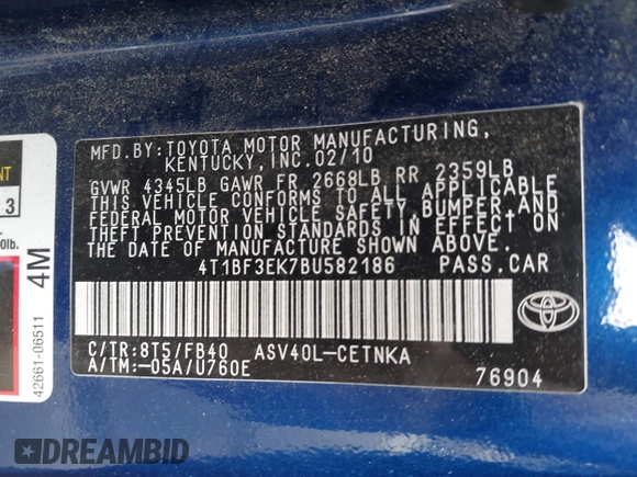 2011 Toyota Camry LE with VIN 4T1BF3EK7BU582186, listed as a IAAI auction lot 42108074 with 226,835 mi miles and . Bid and sale history available at DreamBid. Image 9.