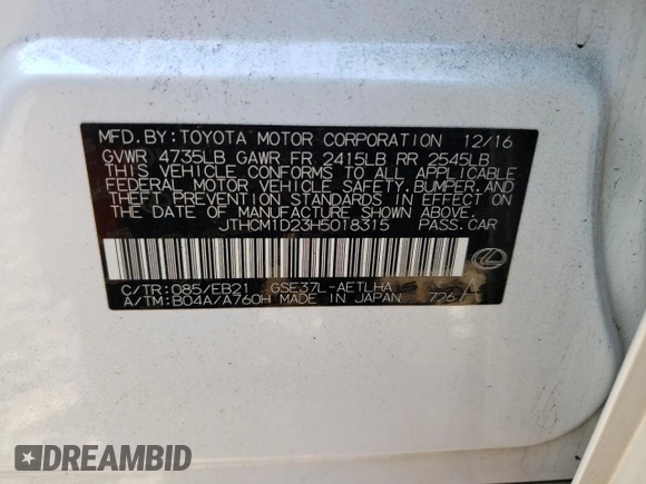 2017 Lexus IS 300 with VIN JTHCM1D23H5018315, listed as a Copart auction lot 76665123 with 67,836 mi miles and Non repairable. Bid and sale history available at DreamBid. Image 12.