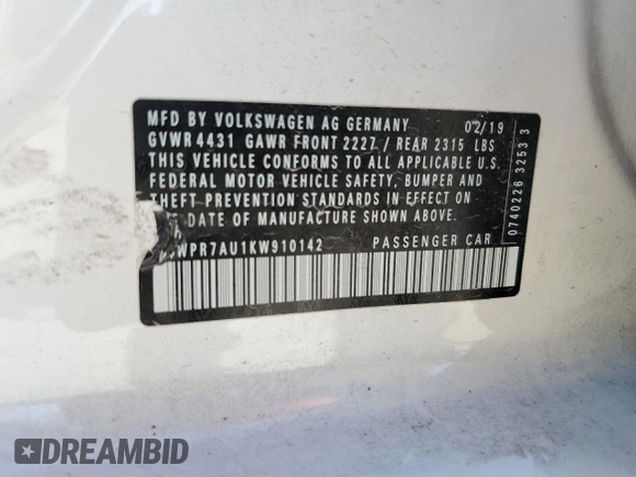 2019 Volkswagen Golf SEL Premium с VIN WVWPR7AU1KW910142, выставлен на аукционе Copart как лот 70452434 с пробегом 35 702 миль миль и Списание • Salvage title. История ставок и продаж доступна на DreamBid. Изображение 12.