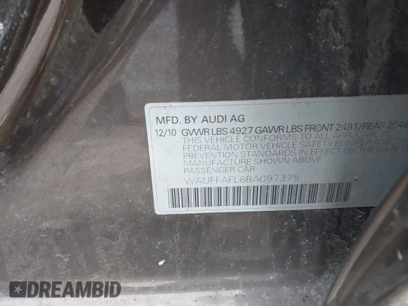 2011 Audi A4 Premium Plus с VIN WAUFFAFL6BA097375, выставлен на аукционе IAAI как лот 41967299 с пробегом 107 499 миль миль и . История ставок и продаж доступна на DreamBid. Изображение 9.