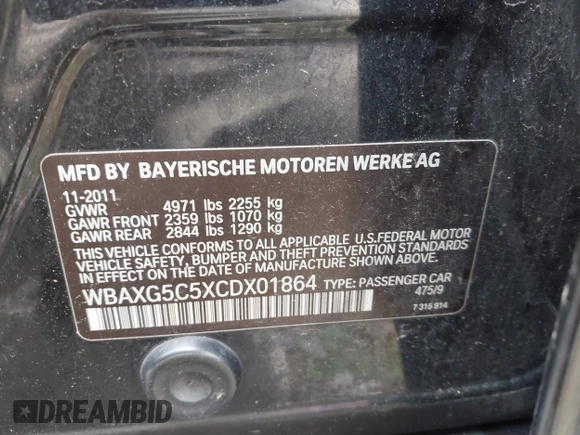 2012 BMW 5 Series 528i with VIN WBAXG5C5XCDX01864, listed as a IAAI auction lot 41910337 with 200,110 mi miles. Bid and sale history available at carsss.com. Image 9.
