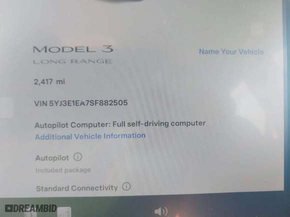 2025 Tesla Model 3 Long Range with VIN 5YJ3E1EA7SF882505, listed as a IAAI auction lot 41108270 with 2,417 mi miles. Bid and sale history available at carsss.com. Image 7.