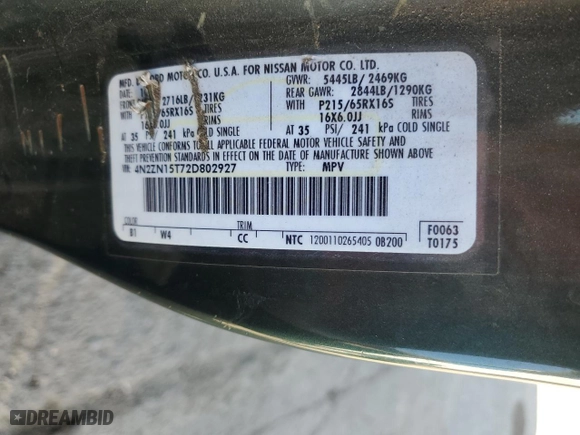 2002 Nissan Quest GXE with VIN 4N2ZN15T72D802927, listed as a Copart auction lot 74231464 with 125,236 mi miles and Salvage Title. Bid and sale history available at carsss.com. Image 13.