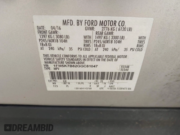 2016 Ford Explorer with VIN 1FM5K7B82GGC81047, listed as a IAAI auction lot 42276699 with 220,339 mi miles and . Bid and sale history available at DreamBid. Image 9.