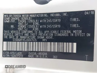2018 Toyota Highlander Hybrid Limited with VIN 5TDDGRFH5JS047635, listed as a IAAI auction lot 41151301 with Not provided miles and . Bid and sale history available at DreamBid. Image 9.