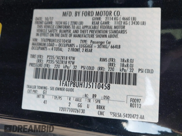 2018 Ford Mustang EcoBoost Premium with VIN 1FATP8UH1J5110458, listed as a IAAI auction lot 41454016 with 26,146 mi miles and . Bid and sale history available at DreamBid. Image 9.