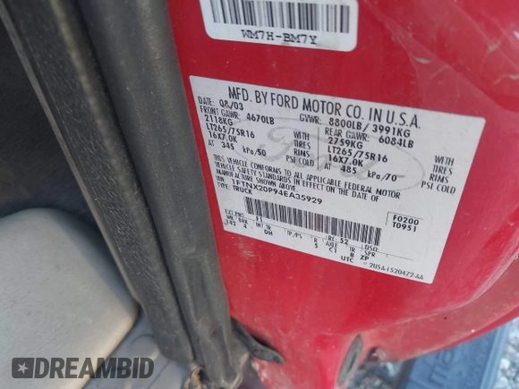 2004 Ford F-250 XL with VIN 1FTNX20P94EA35929, listed as a IAAI auction lot 41312886 with 338,765 mi miles and . Bid and sale history available at DreamBid. Image 9.