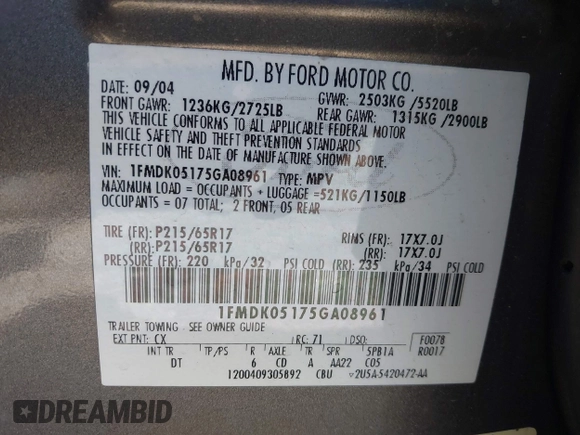 2005 Ford Freestyle SEL with VIN 1FMDK05175GA08961, listed as a IAAI auction lot 42231245 with 237,140 mi miles and . Bid and sale history available at DreamBid. Image 9.