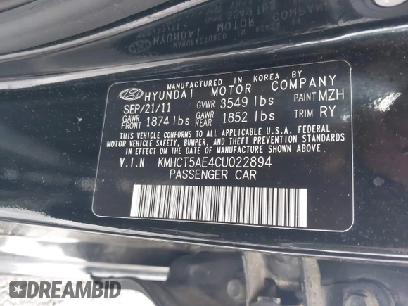 2012 Hyundai Accent GS with VIN KMHCT5AE4CU022894, listed as a IAAI auction lot 42318881 with 179,819 mi miles and . Bid and sale history available at DreamBid. Image 9.
