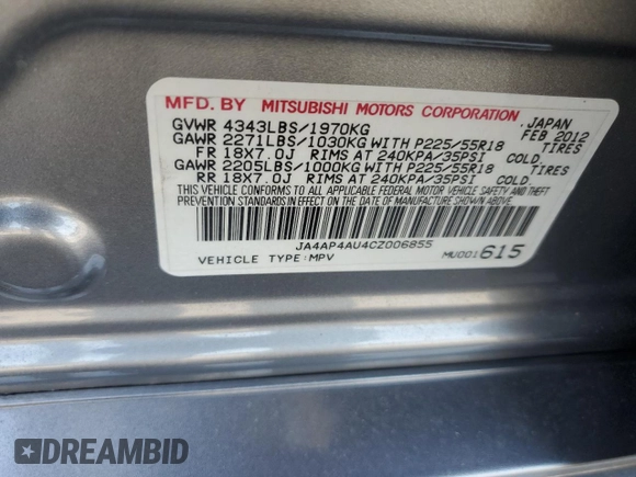 2012 Mitsubishi Outlander SE with VIN JA4AP4AU4CZ006855, listed as a Copart auction lot 52328845 with 144,787 mi miles and Salvage title. Bid and sale history available at DreamBid. Image 16.