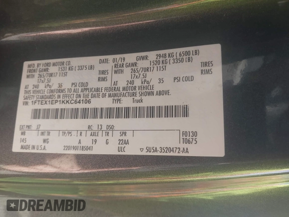 2019 Ford F-150 XL with VIN 1FTEX1EP1KKC64106, listed as a IAAI auction lot 42161813 with 127,387 mi miles. Bid and sale history available at carsss.com. Image 9.