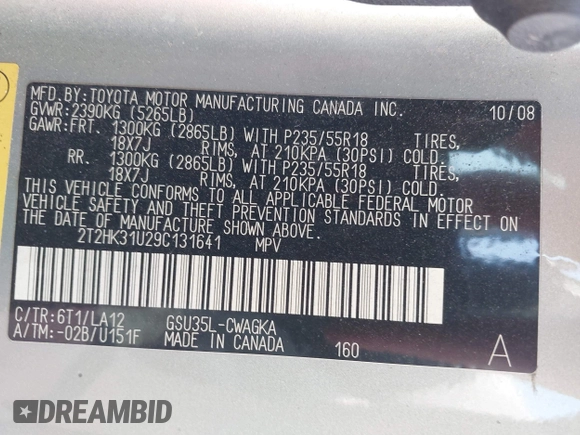 2009 Lexus RX 350 with VIN 2T2HK31U29C131641, listed as a IAAI auction lot 41801599 with 181,910 mi miles and . Bid and sale history available at DreamBid. Image 9.
