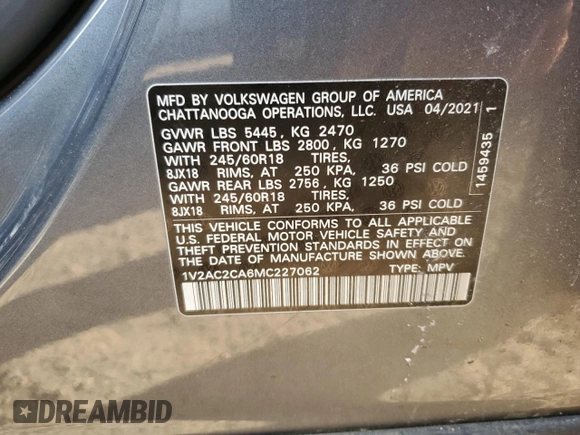 2021 Volkswagen Atlas S with VIN 1V2AC2CA6MC227062, listed as a Copart auction lot 46258605 with 89,532 mi miles and Salvage title. Bid and sale history available at DreamBid. Image 13.