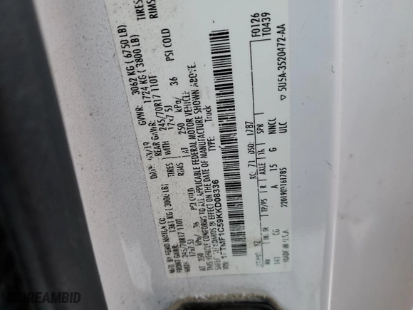 2019 Ford F-150 XL with VIN 1FTMF1C59KKD08336, listed as a Copart auction lot 89104555 with 0 mi miles and Salvage Title. Bid and sale history available at carsss.com. Image 13.