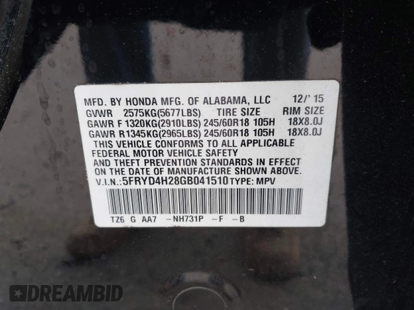 2016 Acura MDX with VIN 5FRYD4H28GB041510, listed as a IAAI auction lot 41724785 with 170,605 mi miles and . Bid and sale history available at DreamBid. Image 9.