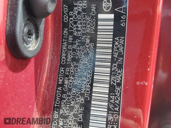 2007 Toyota Corolla CE with VIN JTDBR32E670128598, listed as a Copart auction lot 55133465 with 170,658 mi miles and Salvage Title. Bid and sale history available at DreamBid. Image 12.