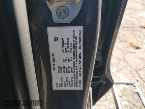 2023 Tesla Model 3 with VIN 5YJ3E1EA3PF541593, listed as a Copart auction lot 43926455 with 26,593 mi miles and Salvage title. Bid and sale history available at DreamBid. Image 14.