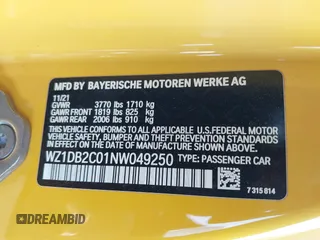 2022 Toyota Supra 2.0 with VIN WZ1DB2C01NW049250, listed as a IAAI auction lot 41731725 with Not provided miles and . Bid and sale history available at DreamBid. Image 9.