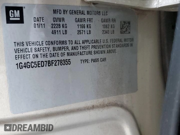 2011 Buick LaCrosse CXL with VIN 1G4GC5ED7BF278355, listed as a Copart auction lot 50577145 with 128,027 mi miles and Non repairable. Bid and sale history available at DreamBid. Image 13.