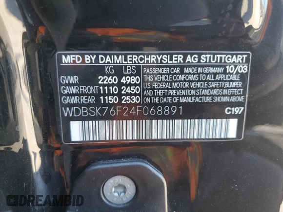 2004 Mercedes-Benz SL with VIN WDBSK76F24F068891, listed as a Copart auction lot 53531585 with 52,442 mi miles and Salvage title. Bid and sale history available at DreamBid. Image 12.